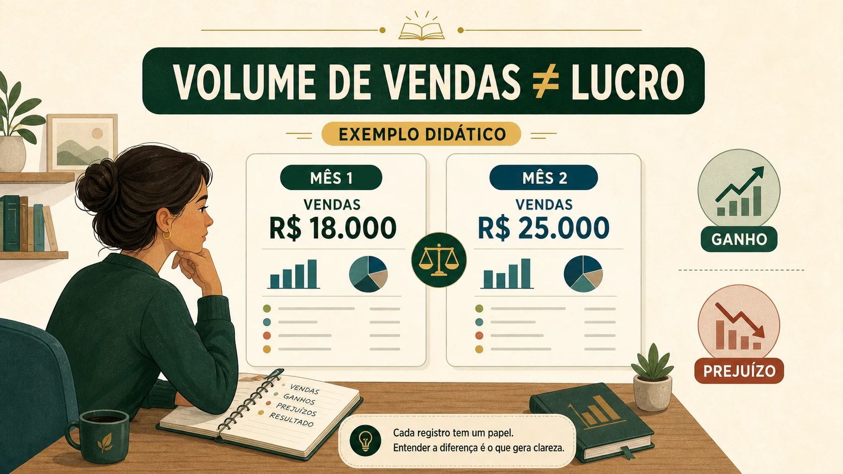 Investidora compara meses com vendas, ganhos e prejuízos diferentes, separando volume negociado do resultado tributável.