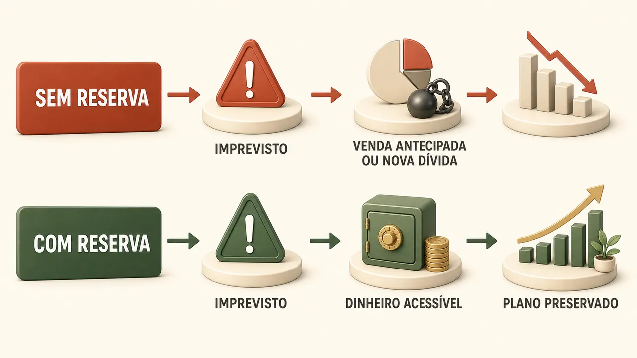 Comparação entre enfrentar um imprevisto sem reserva e com uma reserva de emergência disponível.