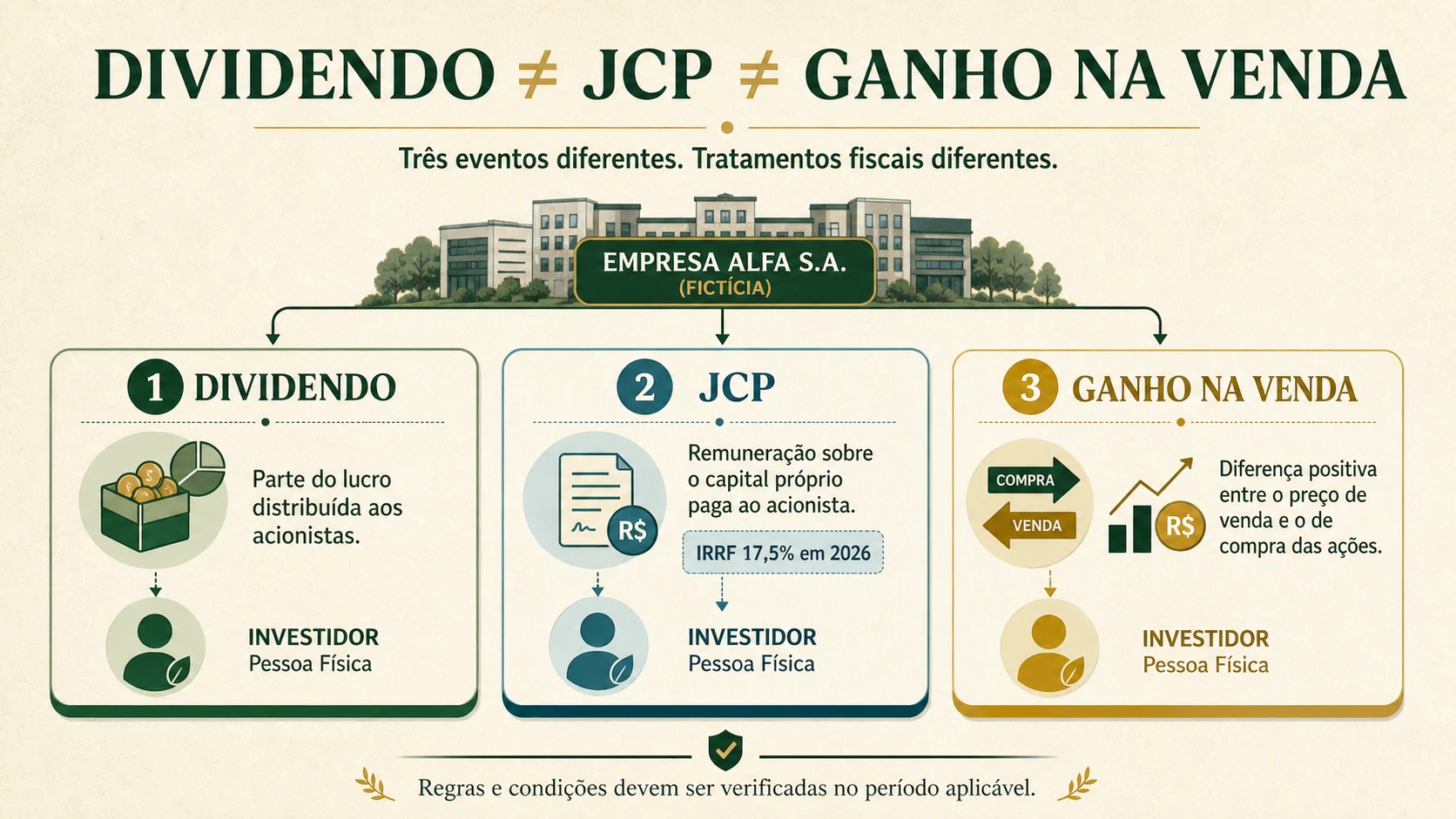 Três eventos relacionados a ações aparecem separados para indicar que distribuição, JCP e ganho na venda exigem regras próprias.
