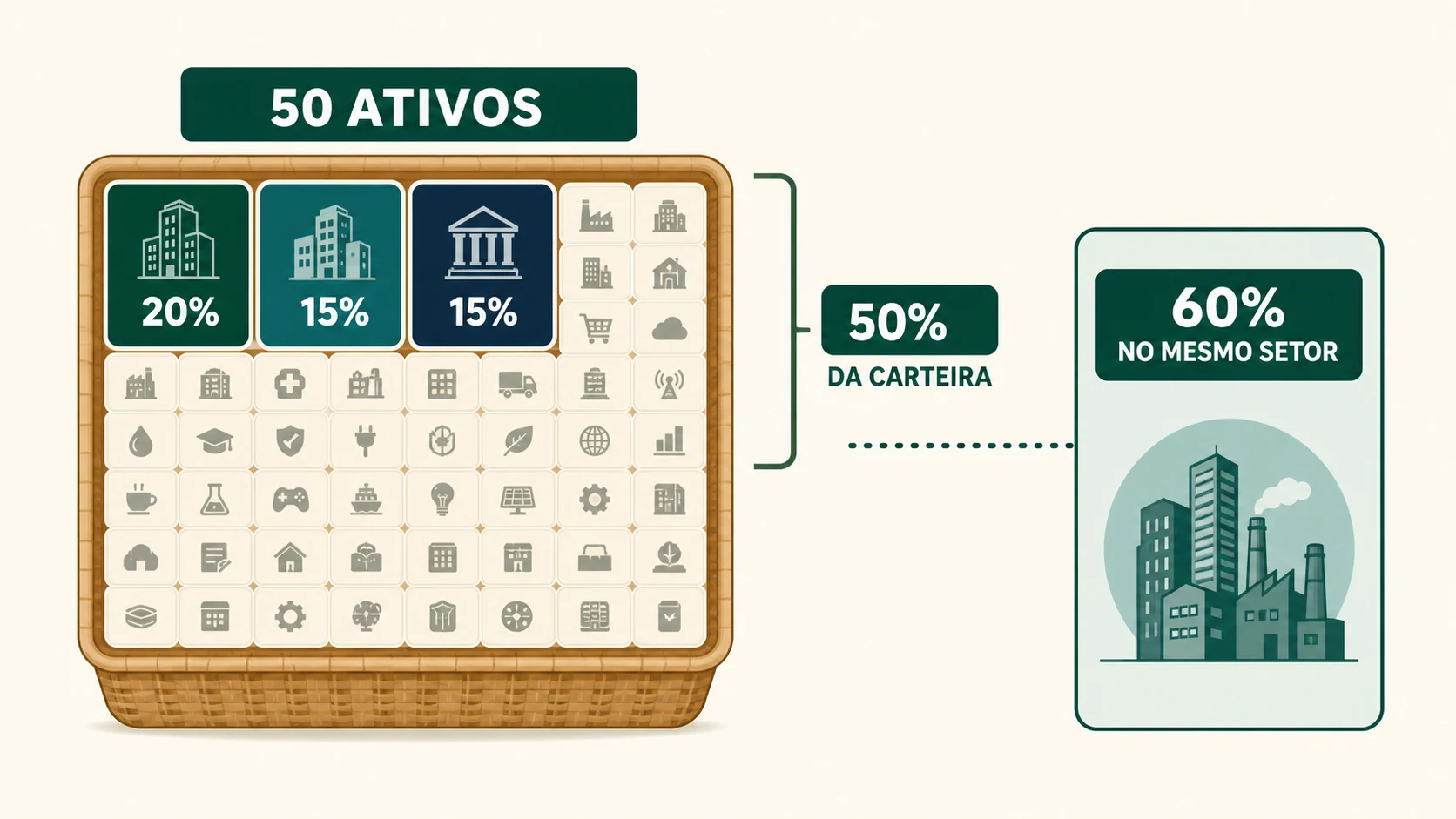 ETF fictício possui 50 ativos, mas três posições concentram metade da carteira e 60% está no mesmo setor.
