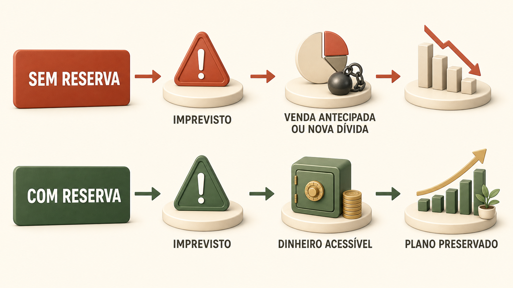 Comparação entre enfrentar um imprevisto sem reserva, recorrendo a venda ou dívida, e com reserva, preservando o plano financeiro.