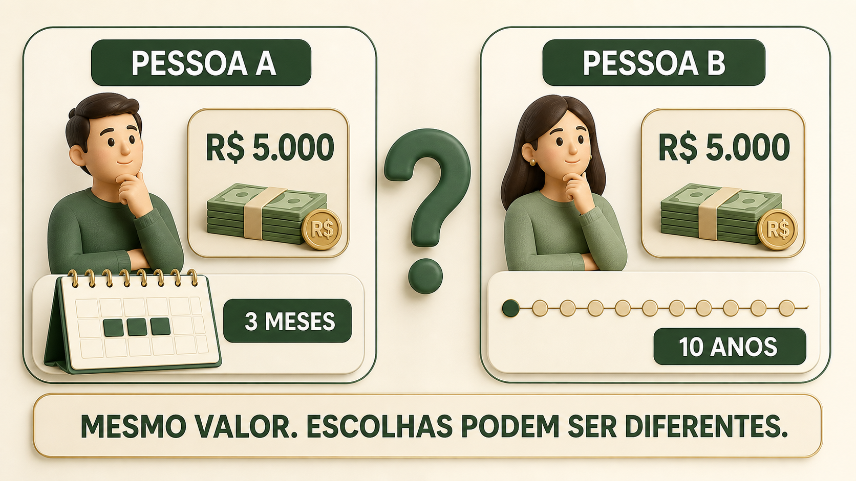 Duas pessoas possuem R$ 5 mil, mas uma precisará do dinheiro em três meses e a outra somente em dez anos.
