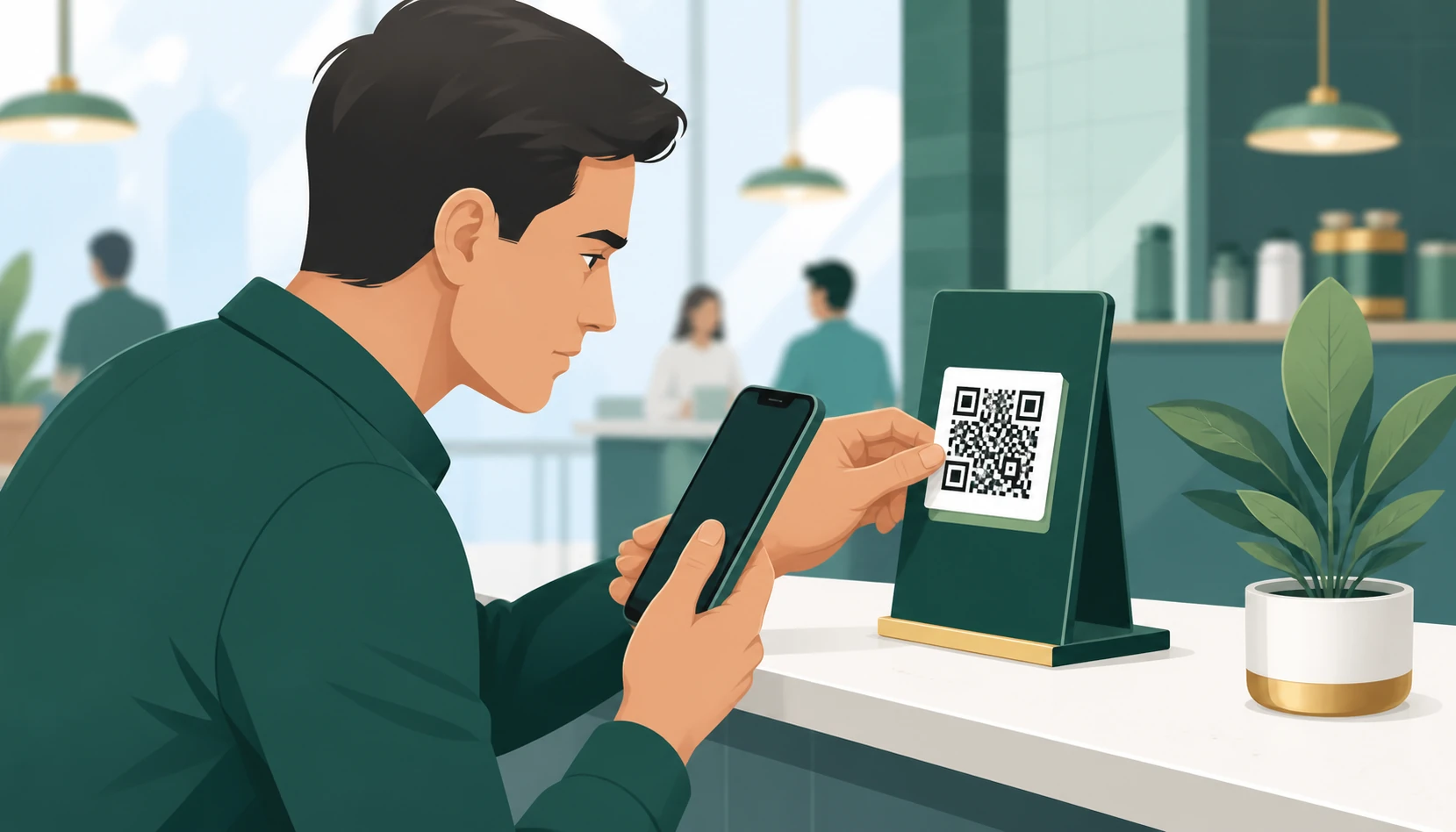 Pessoa verifica pelo celular um adesivo com QR Code colocado em um suporte de pagamento