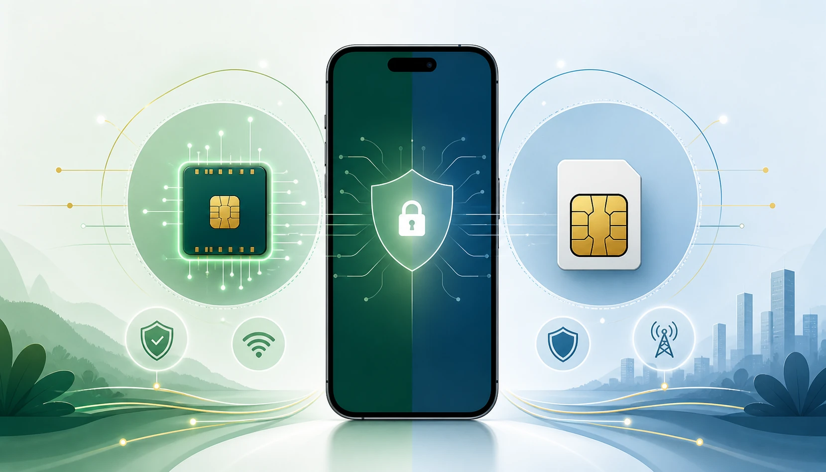 Celular compara um perfil eSIM digital e um cartão SIM físico, ambos protegidos por um escudo.