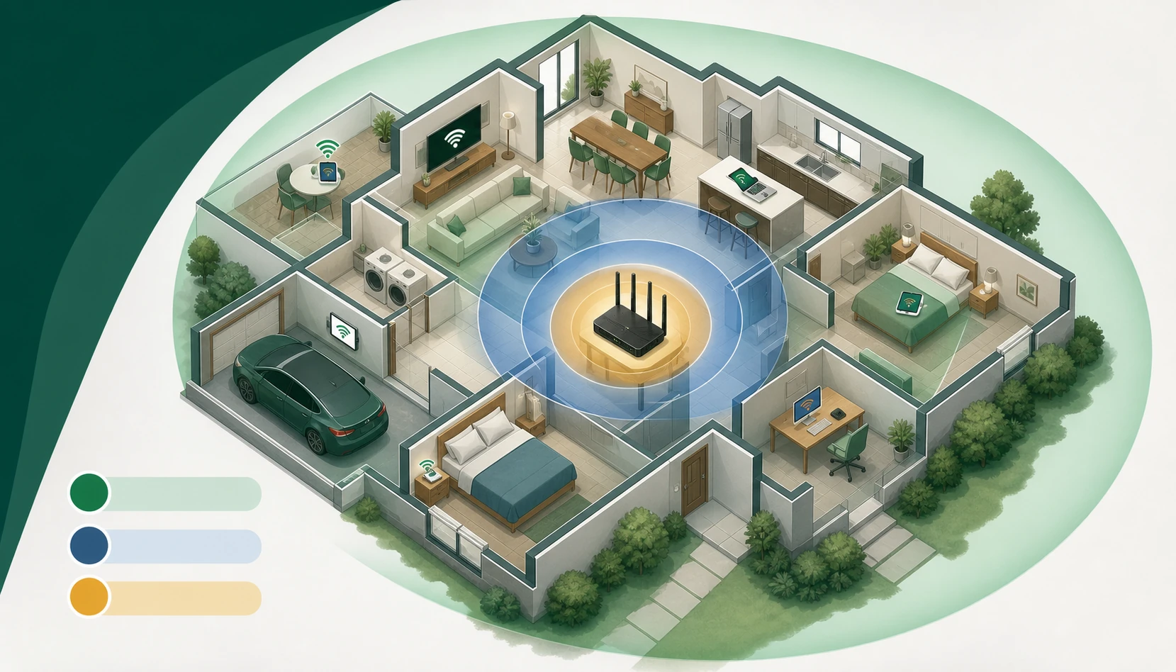 Planta de uma casa mostra zonas de cobertura Wi-Fi de diferentes faixas ao redor do roteador e dos dispositivos.