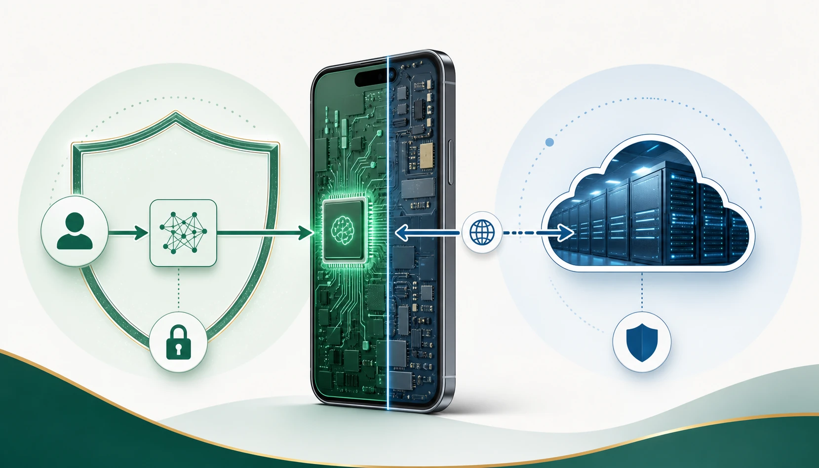 Celular dividido mostra uma tarefa de IA processada no chip do aparelho e outra enviada a servidores na nuvem.