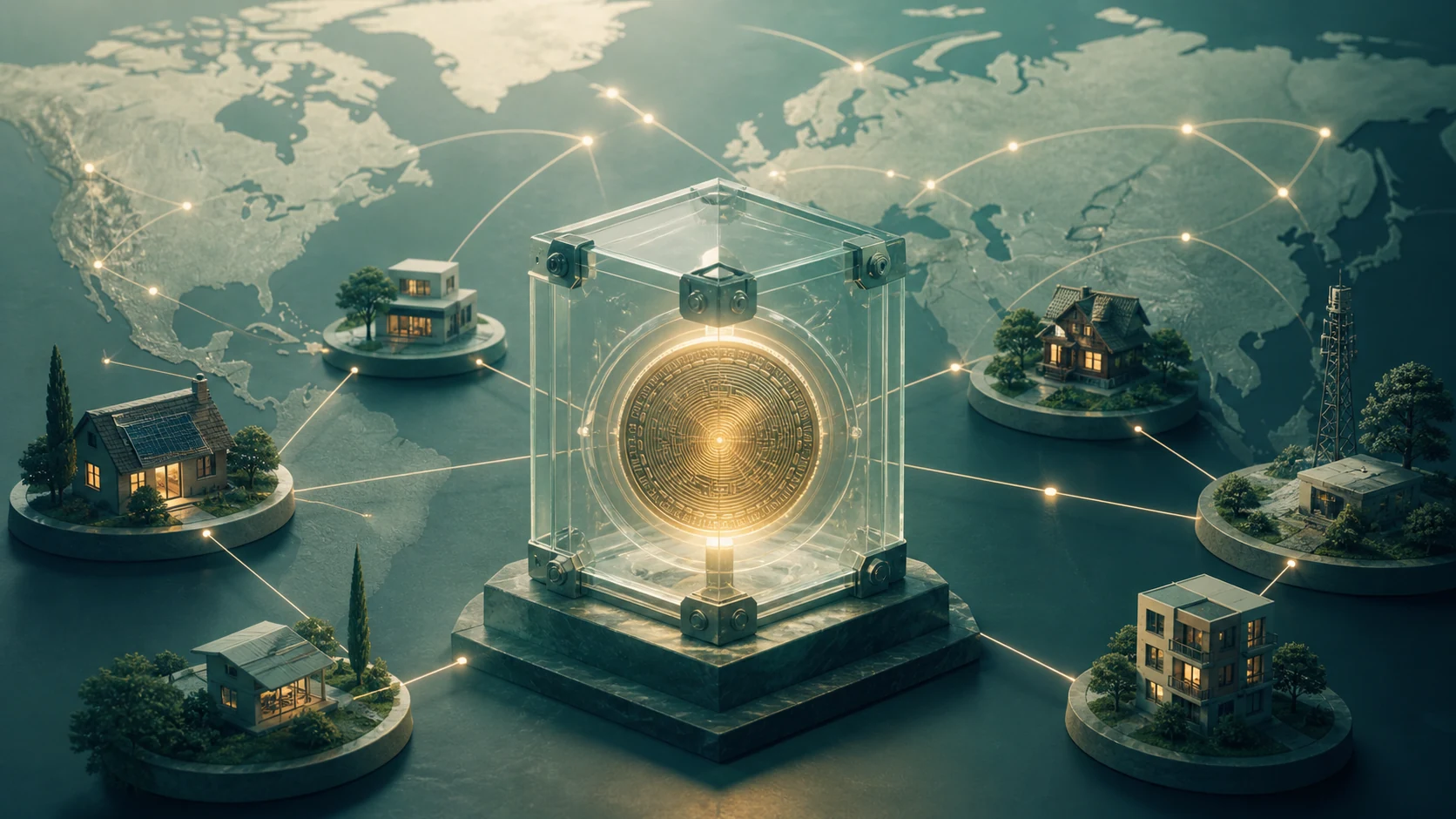 Bitcoin representado como ativo digital escasso conectado a uma rede distribuída.