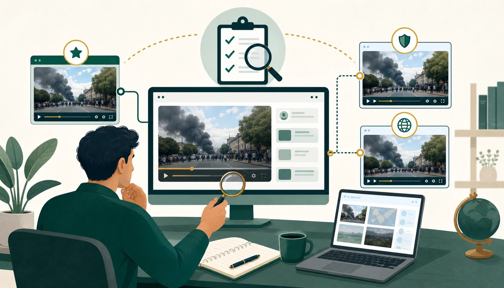 Pessoa compara em vários monitores o mesmo vídeo e verifica as fontes com uma lupa