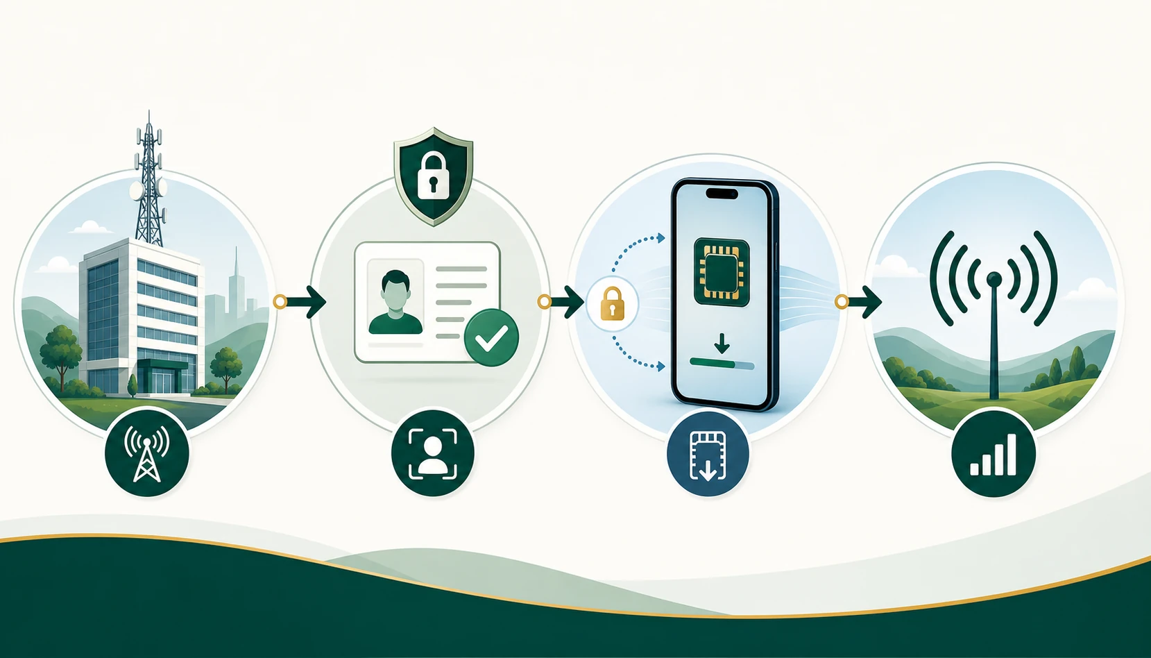 Fluxo mostra operadora, verificação de identidade, download do eSIM e ativação do sinal no celular.