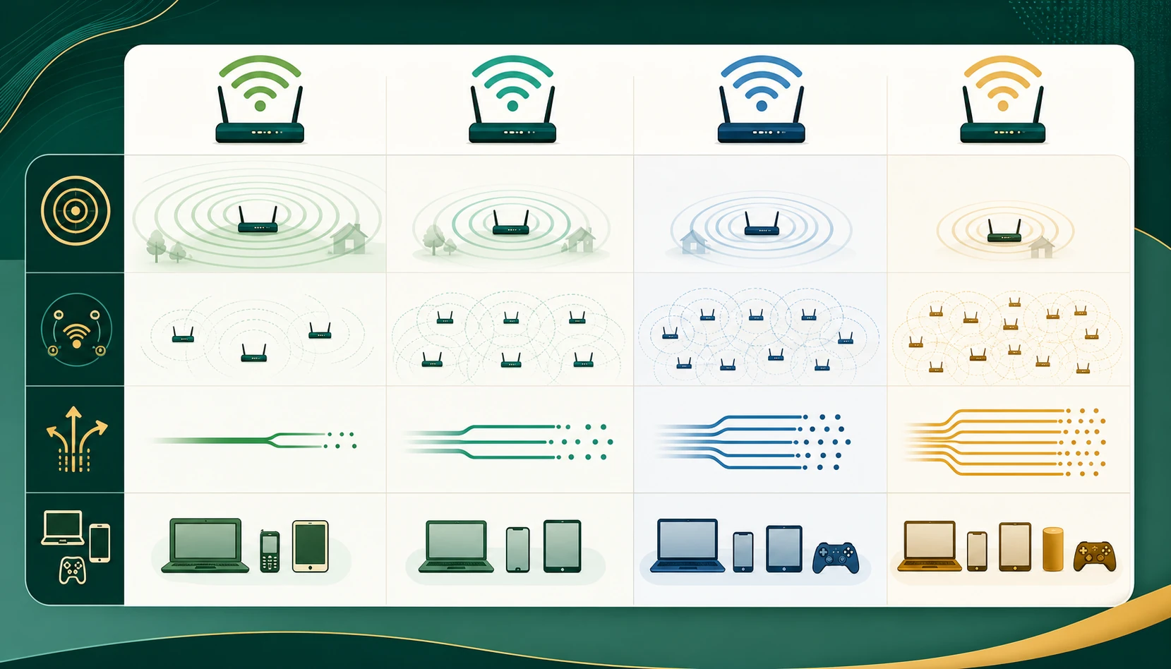 Quadro visual compara alcance, interferência, capacidade e compatibilidade de diferentes faixas de Wi-Fi.
