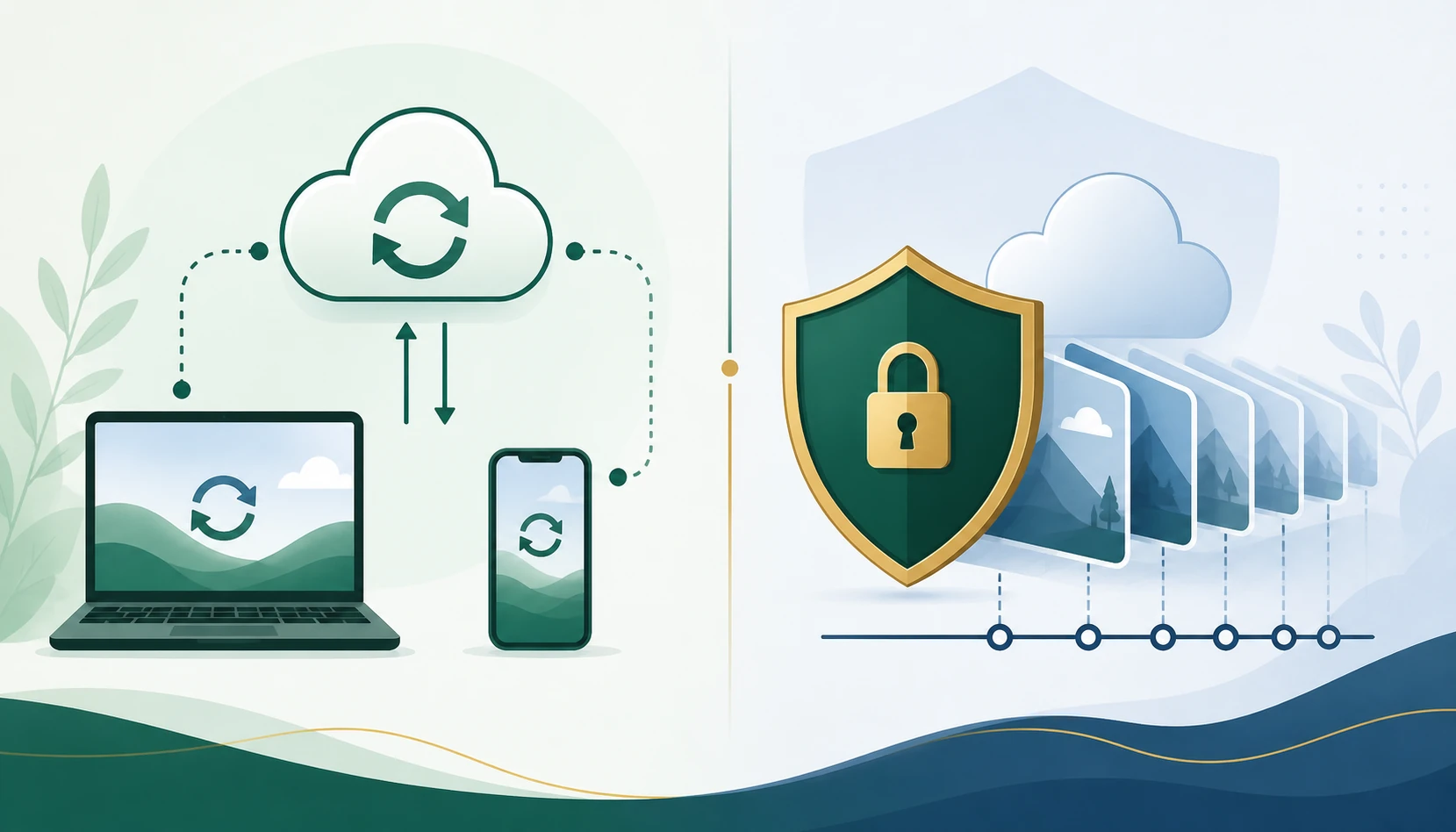 Sincronização bidirecional entre notebook, celular e nuvem é comparada a um backup com versões protegidas.