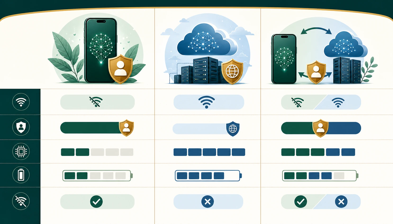 Quadro compara IA local, em nuvem e híbrida por internet, privacidade, capacidade, bateria e funcionamento offline.