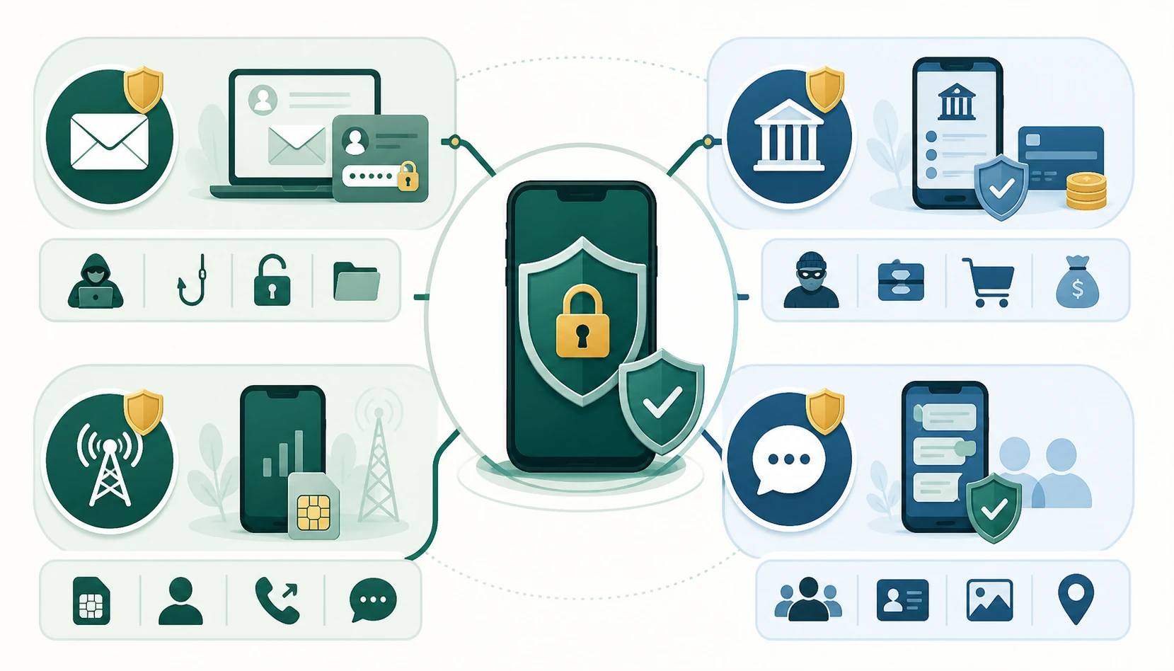 Celular protegido conecta as medidas de segurança para e-mail, banco, operadora e aplicativos de mensagens.