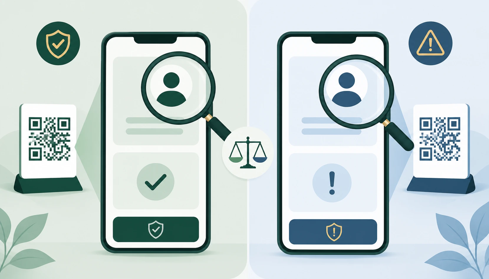 Dois QR Codes levam a telas de destinatário, uma confirmada e outra marcada com alerta.