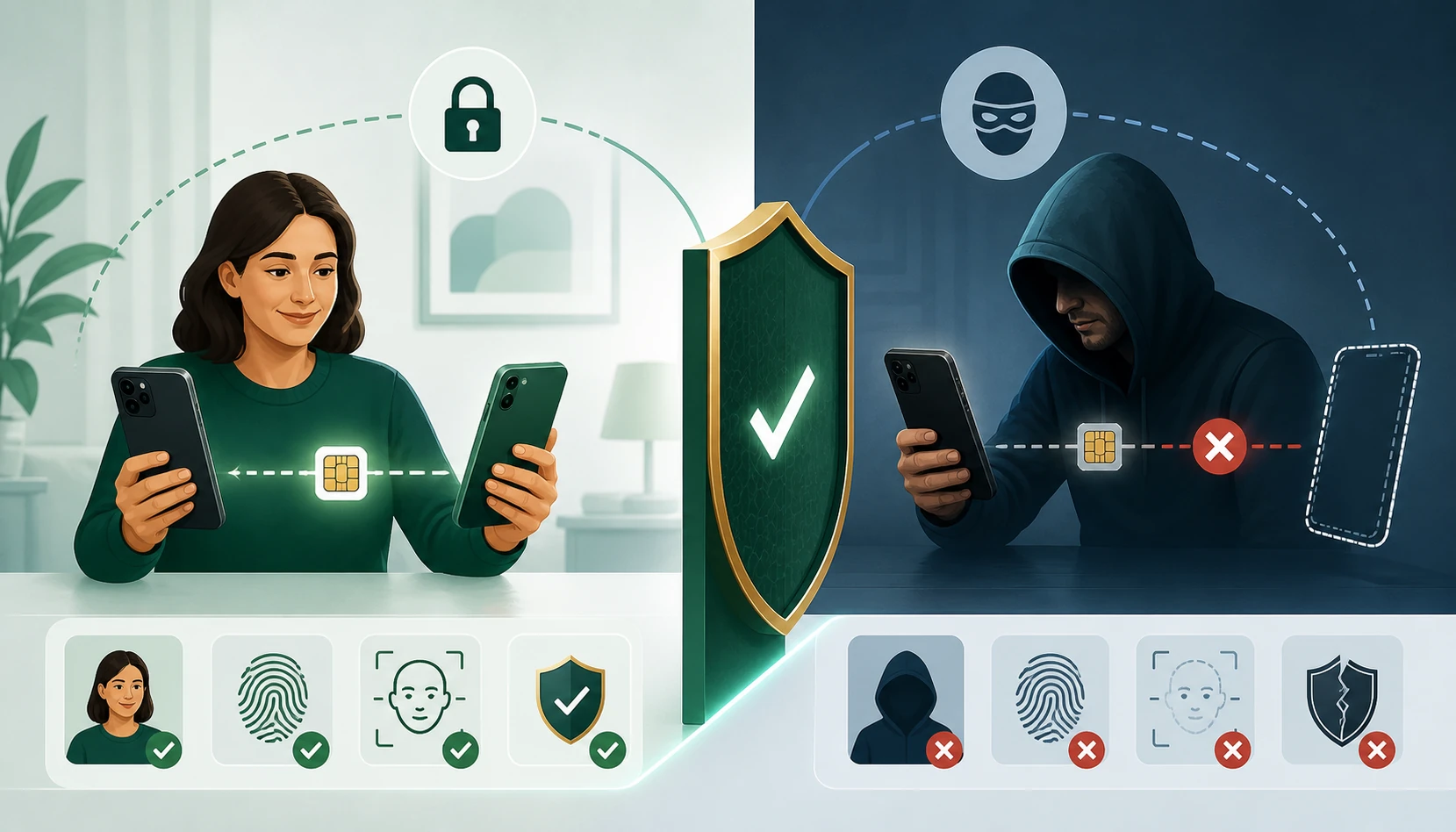 Transferência legítima de eSIM entre aparelhos é comparada a uma tentativa fraudulenta bloqueada.