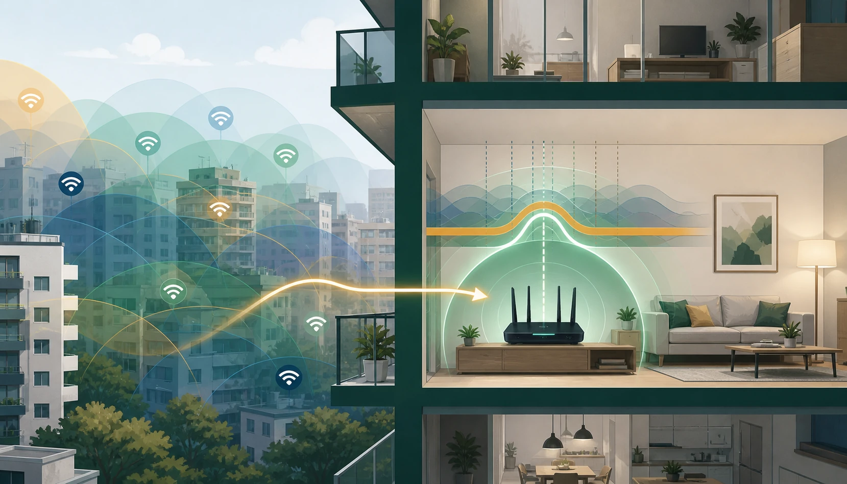 Redes Wi-Fi de apartamentos vizinhos se sobrepõem enquanto um roteador seleciona uma faixa menos congestionada.