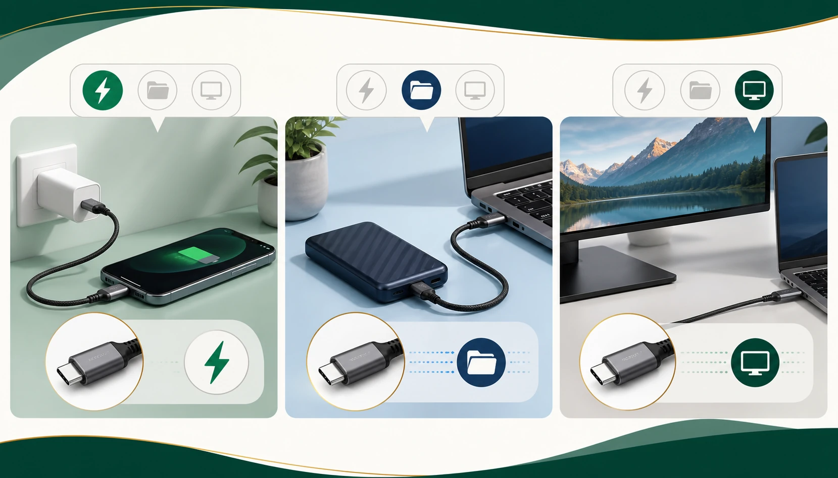 Três situações mostram cabos USB-C usados para carregar um celular, conectar um SSD e exibir vídeo em um monitor.