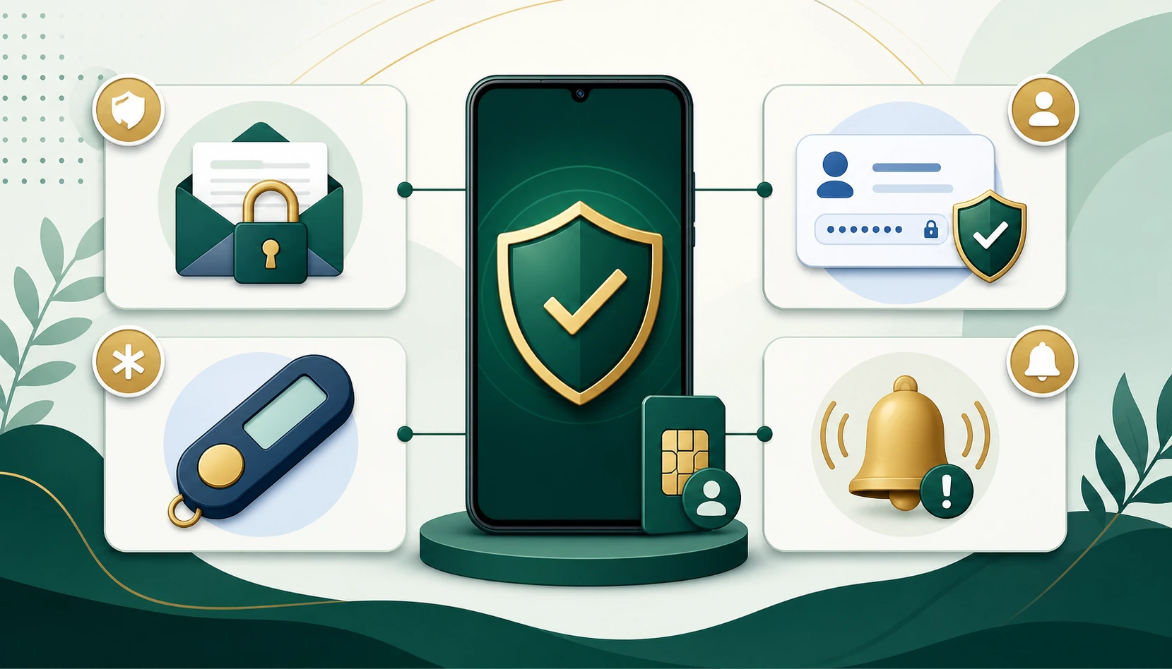 Celular protegido é cercado por e-mail seguro, autenticação em dois fatores, conta protegida e alertas.