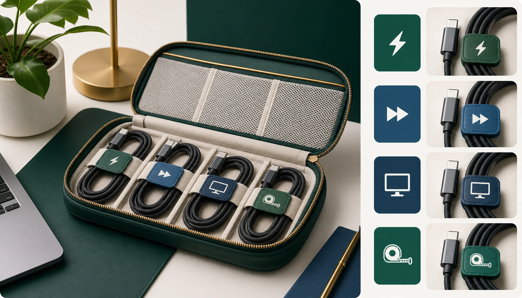 Estojo organiza quatro cabos USB-C com etiquetas de carregamento, velocidade, vídeo e comprimento.