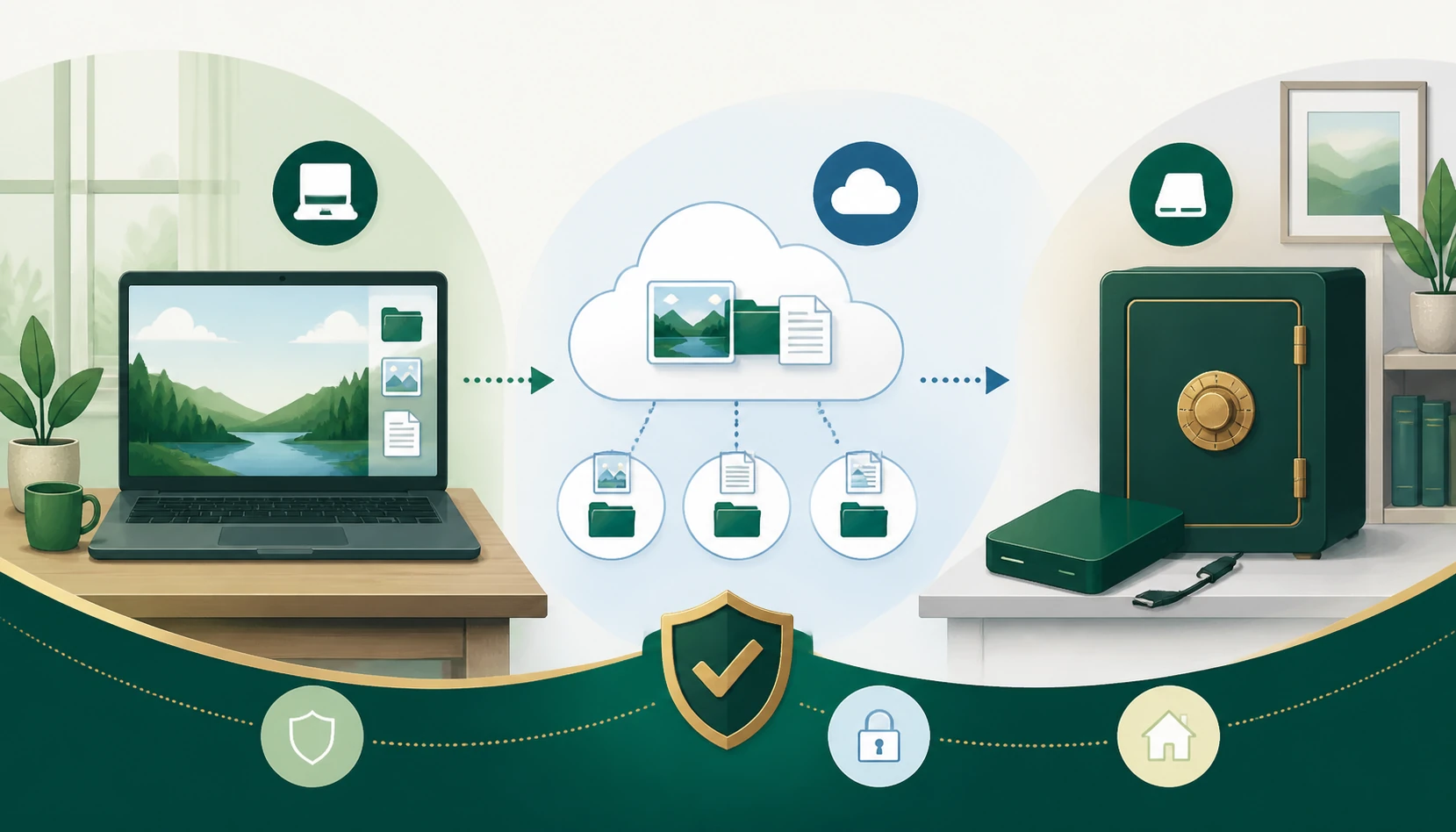 Plano de backup reúne arquivos no computador, cópia versionada na nuvem e disco externo guardado separadamente.
