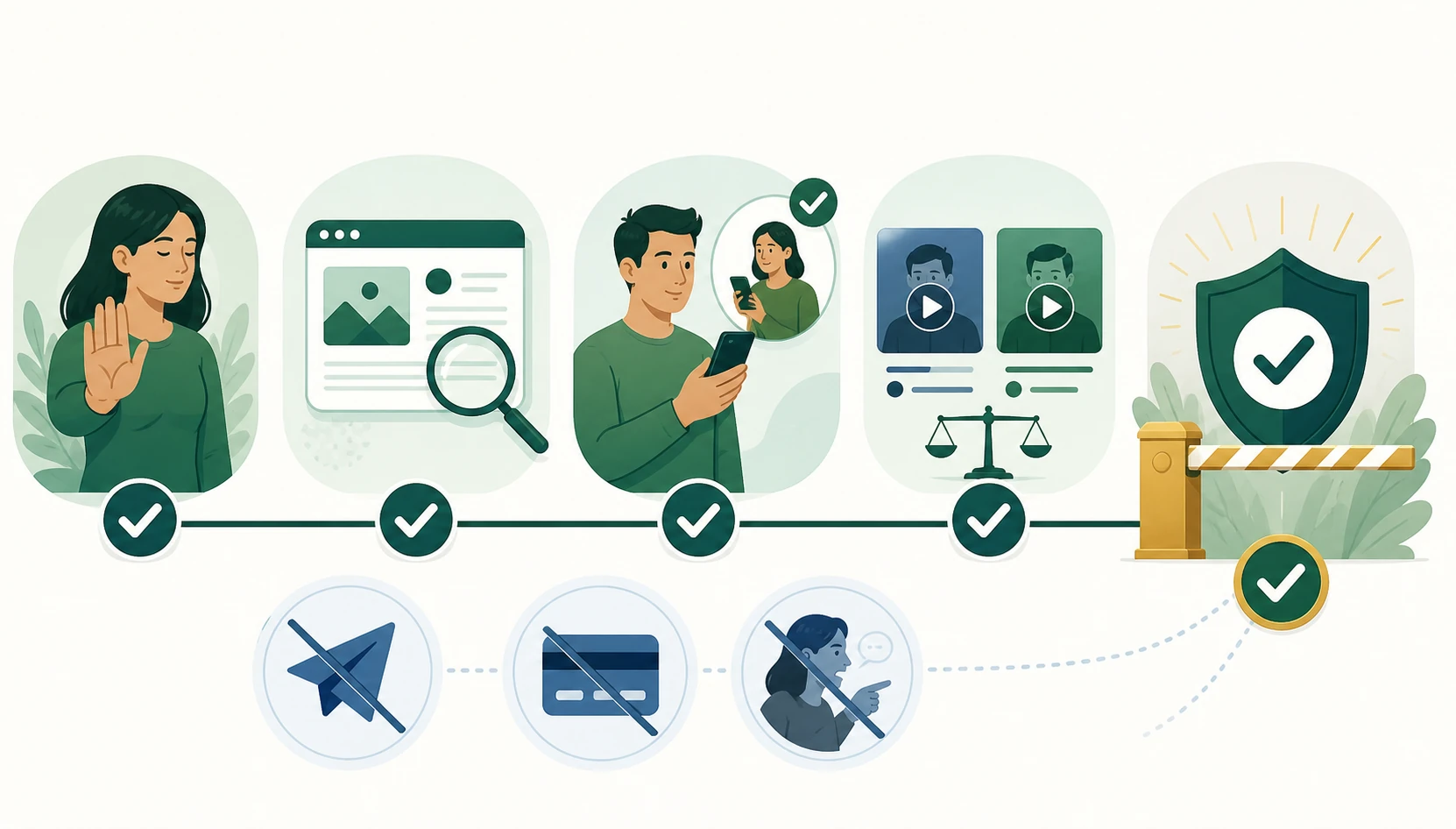 Sequência mostra pausa, análise da fonte, contato com a pessoa e comparação antes de aceitar uma mídia.