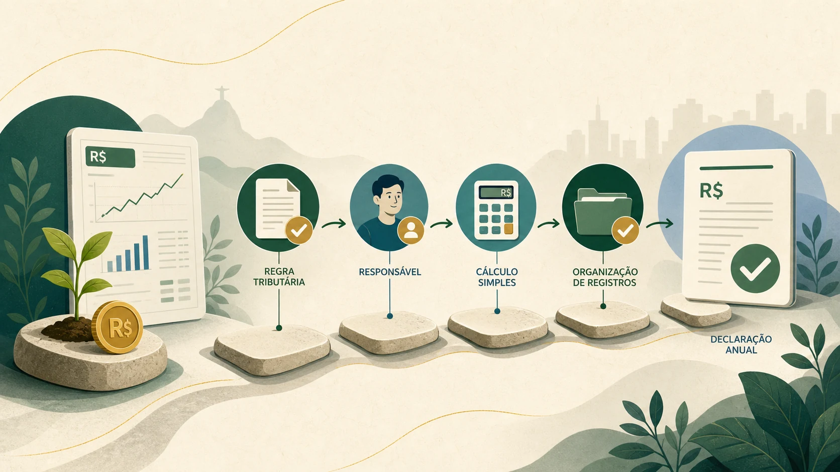 Caminho visual que parte de um evento de investimento e passa pela regra tributária, pelo responsável, pelo cálculo e pelos registros até chegar à declaração anual.