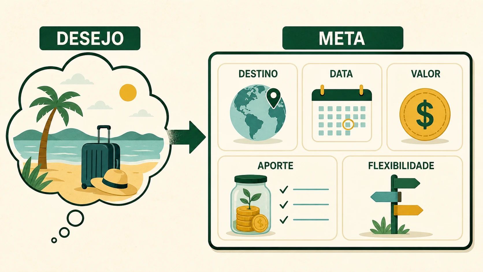 Diagrama em que o desejo de viajar se transforma em uma meta organizada por finalidade, data, valor, aporte e flexibilidade.