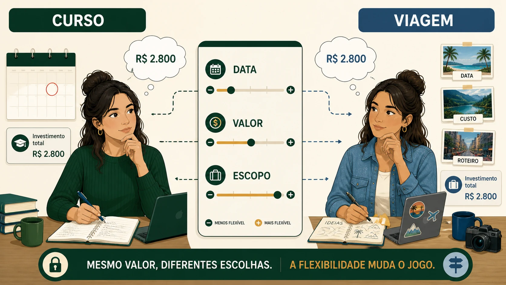 Comparação entre uma especialização com data mais rígida e uma troca de carro com maior flexibilidade de prazo e valor.