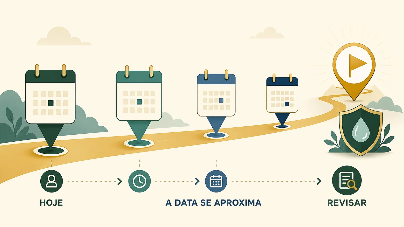 Linha do tempo com calendários cada vez mais próximos da meta e lembretes para revisar valor, aporte e estratégia.