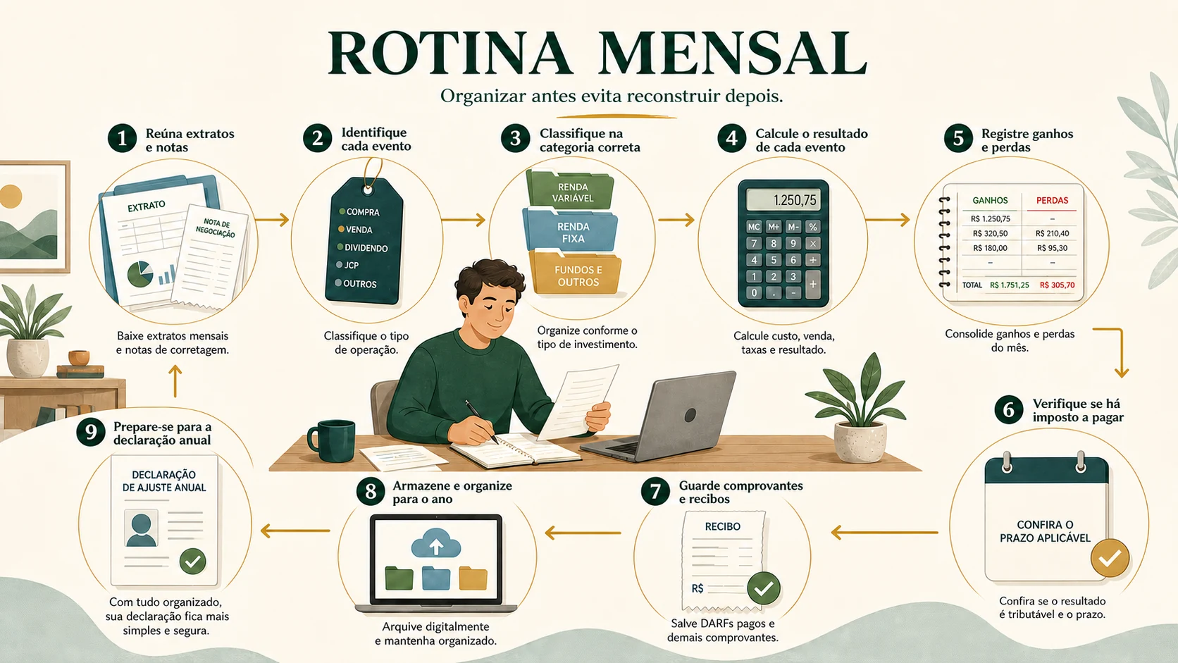 Investidor segue uma rotina mensal reunindo extratos, classificando eventos, registrando resultados e preparando a declaração anual.