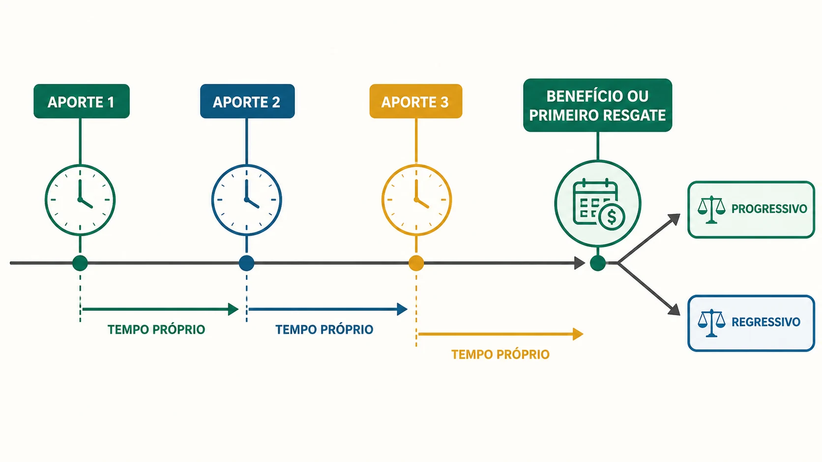 Linha do tempo com três contribuições de idades diferentes e escolha entre regimes no benefício ou primeiro resgate.