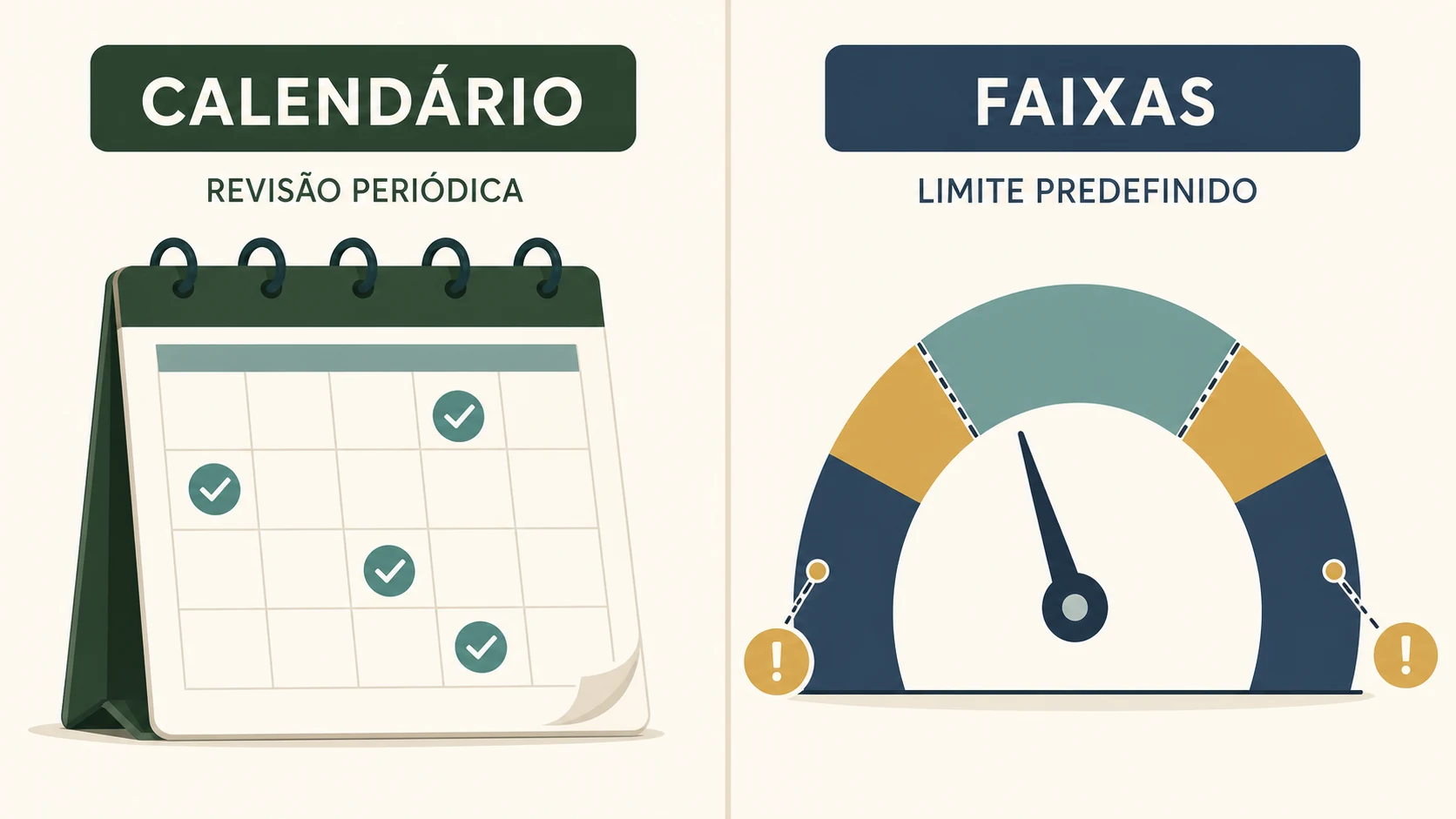 Comparação entre revisão periódica por calendário e revisão acionada por limite predefinido de peso.