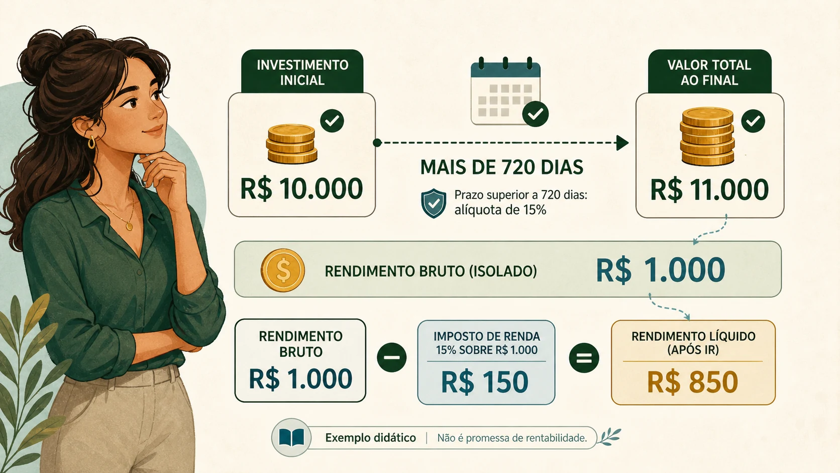 Comparação entre capital aplicado, rendimento, imposto calculado sobre o ganho e resultado líquido em uma aplicação conceitual.