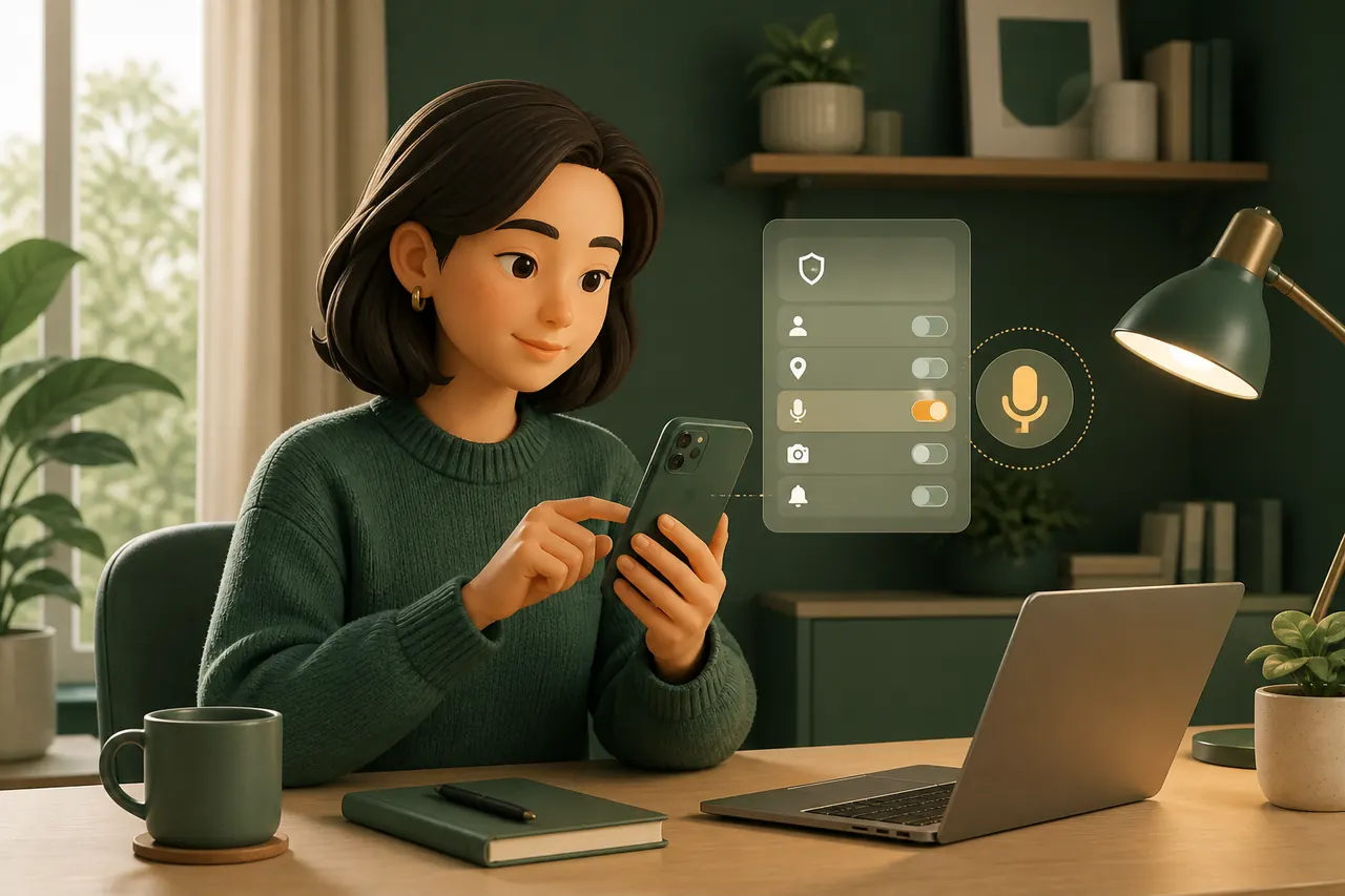 Pessoa revisando quais aplicativos podem acessar o microfone nas configurações do celular.