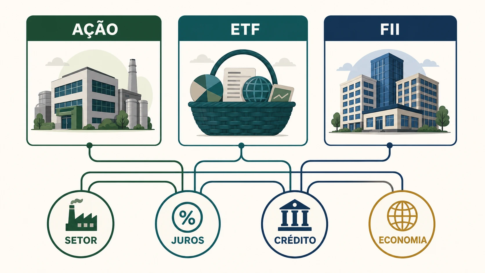 Ação, ETF e fundo imobiliário possuem códigos diferentes, mas compartilham riscos de juros, crédito, setor e economia.
