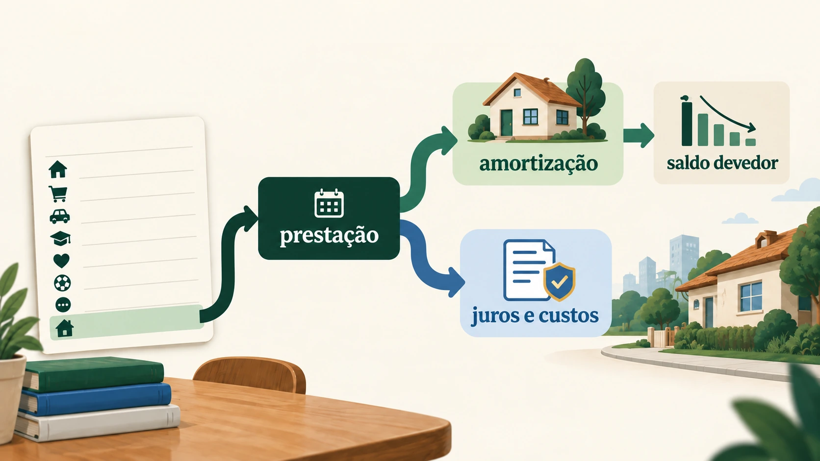prestação de financiamento dividida entre amortização do saldo devedor e pagamento de juros e custos.