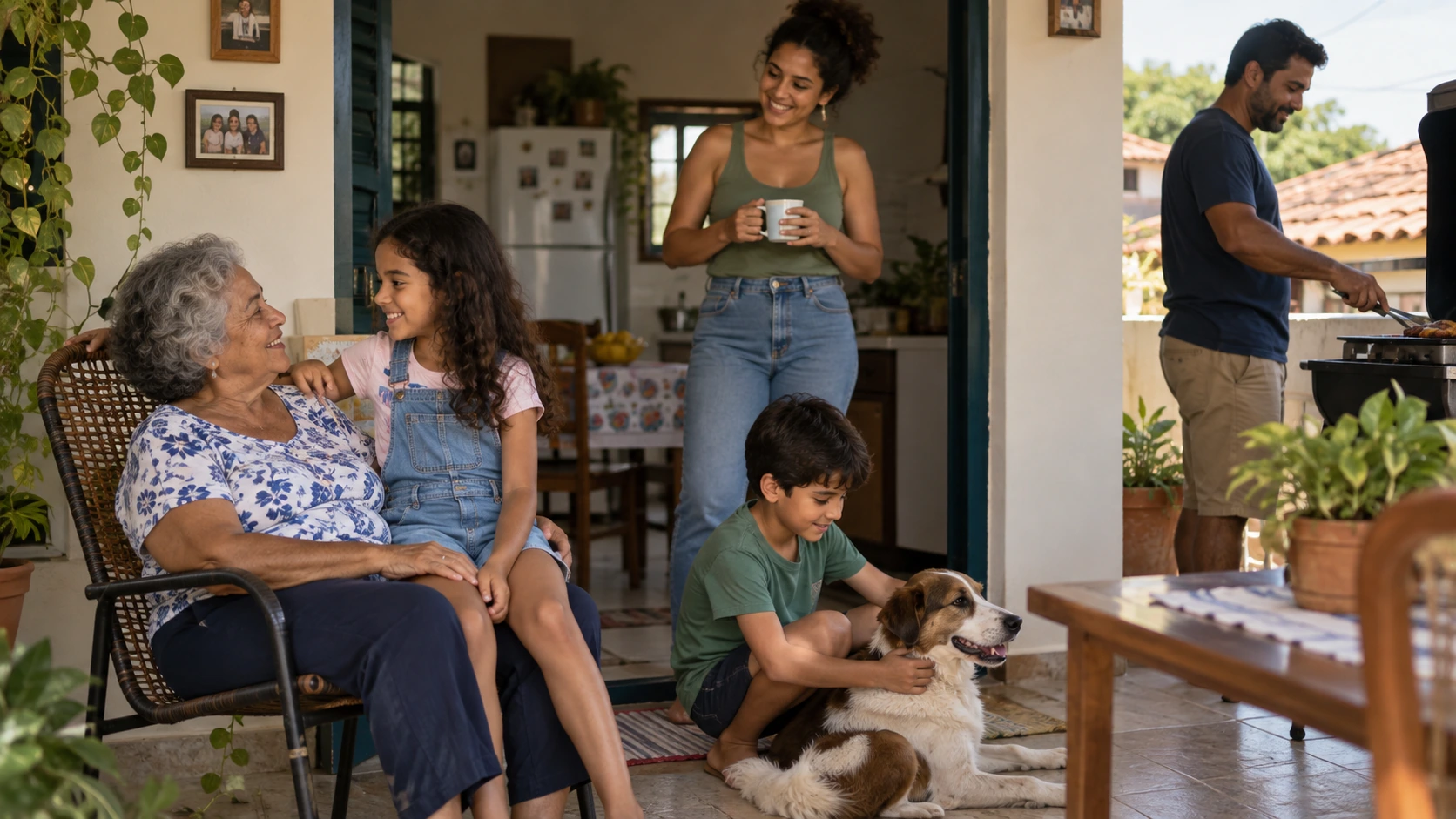 família brasileira em uma casa comum que representa moradia, permanência e projeto patrimonial.