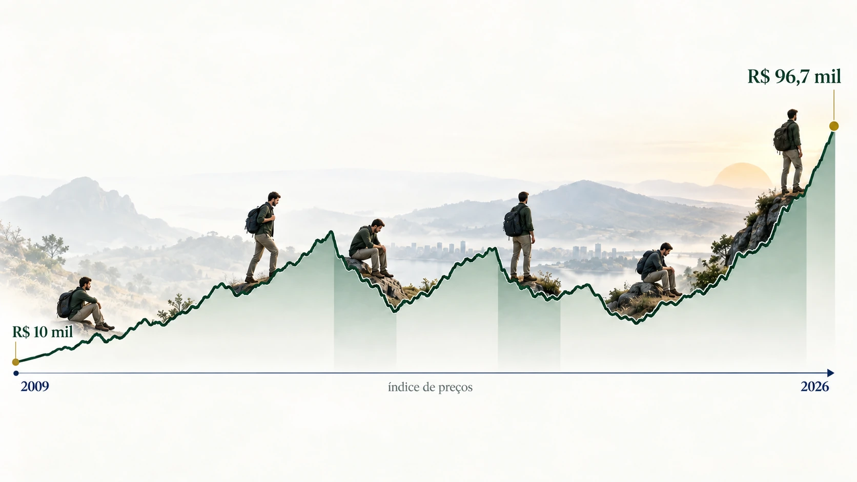 trajetória entre 2009 e 2026 mostra R$ 10 mil chegando a cerca de R$ 96,7 mil após atravessar várias quedas do mercado.