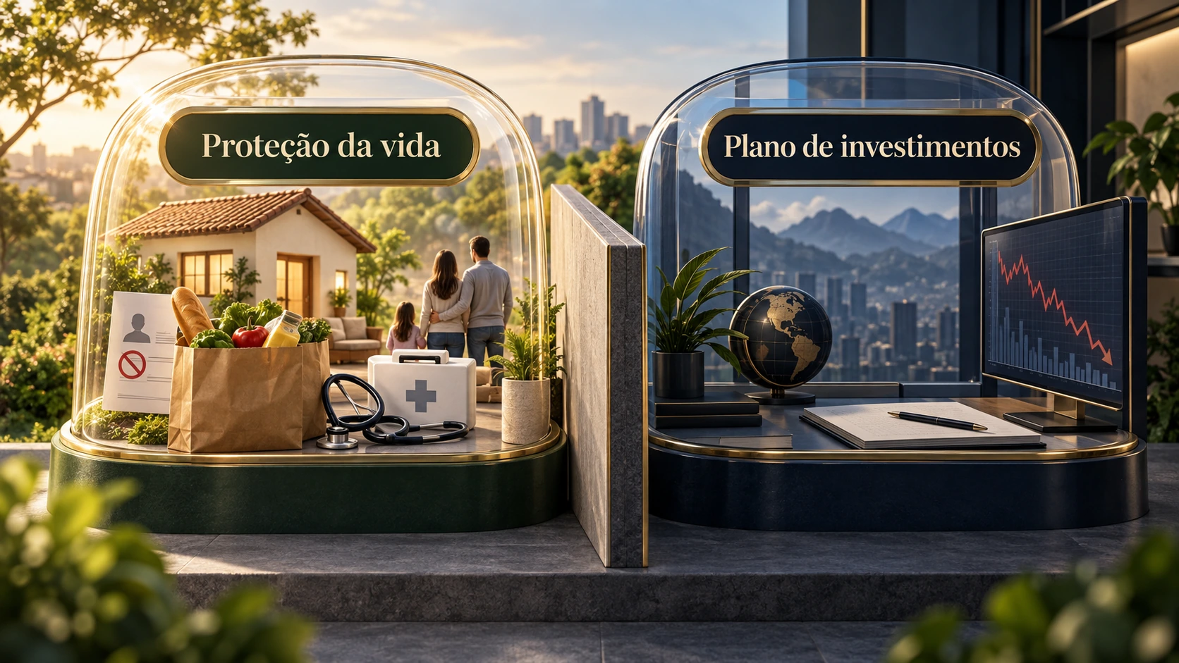 comparação entre uma reserva que protege despesas essenciais e outra parcela destinada a possíveis oportunidades de investimento.