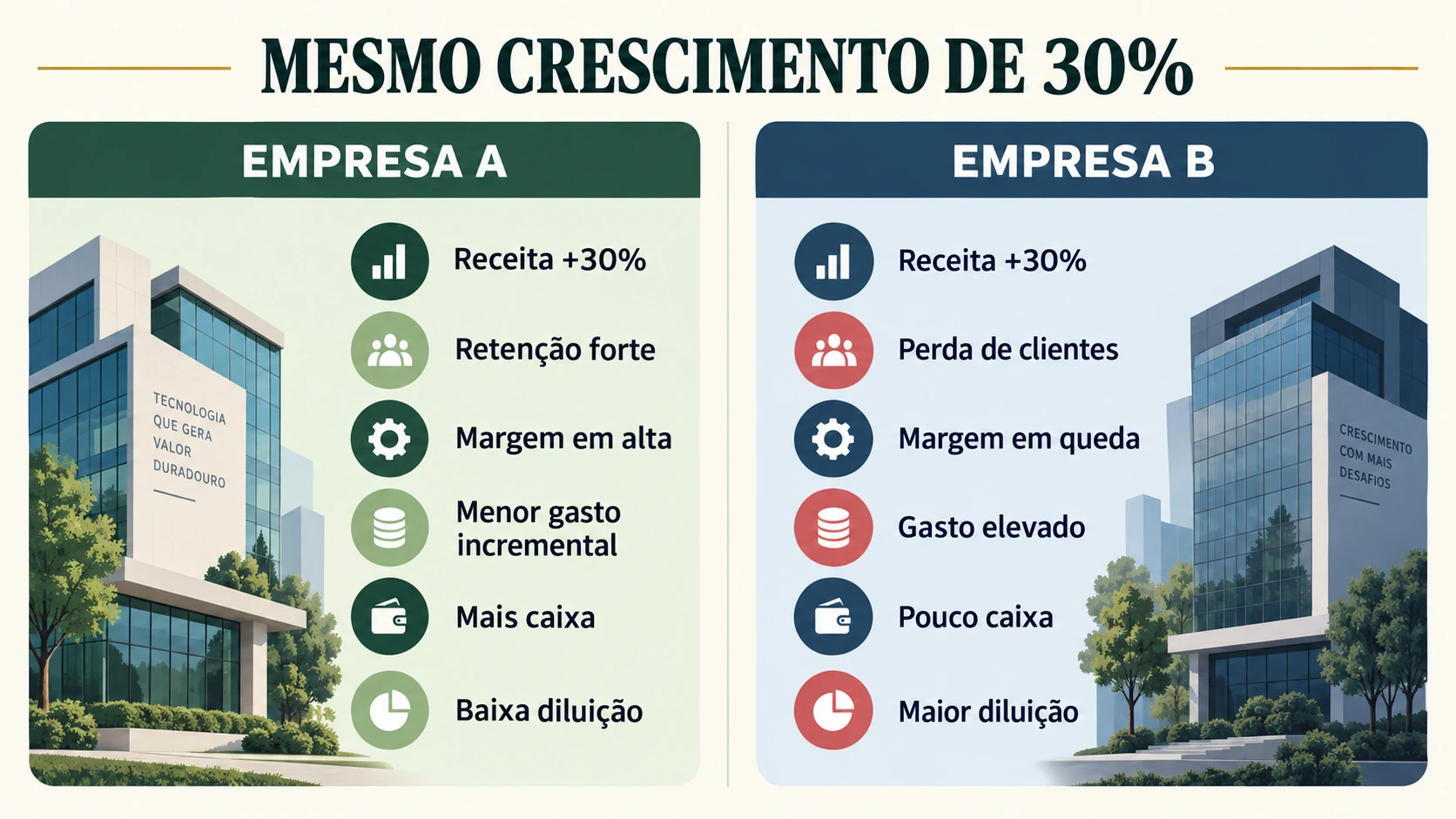 Duas empresas de tecnologia com o mesmo crescimento de receita e diferenças em retenção, margem, caixa e diluição.