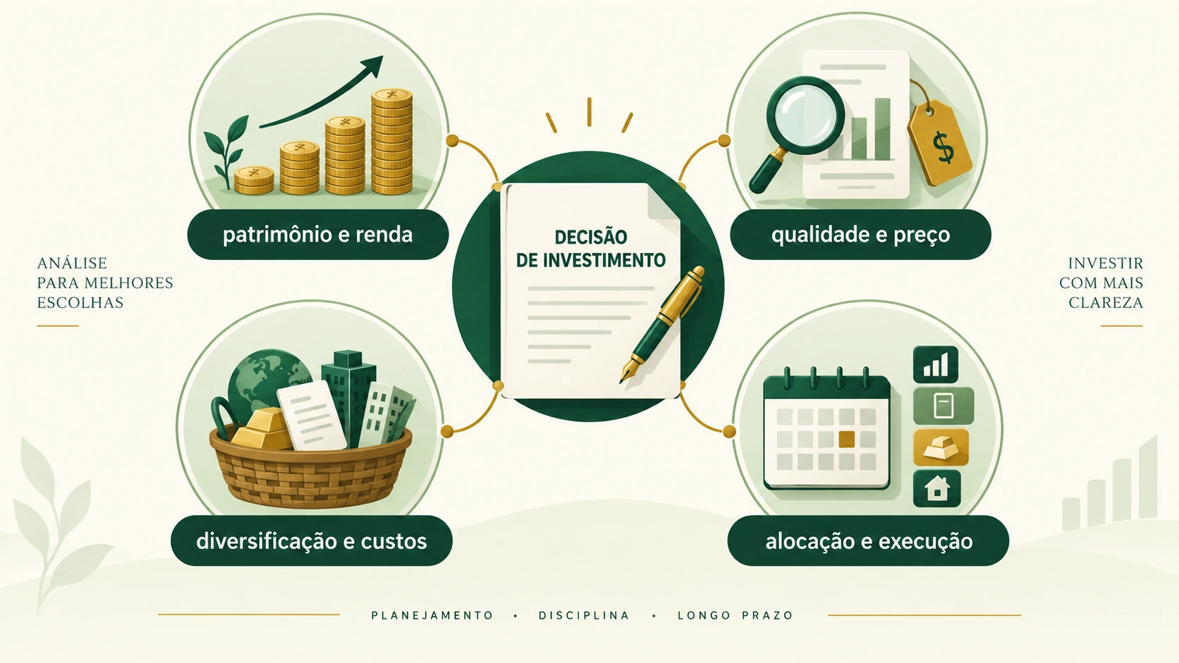 Uma decisão de investimento é analisada por quatro conjuntos de princípios: patrimônio e renda, qualidade e preço, diversificação e custos, alocação entre classes e execução.