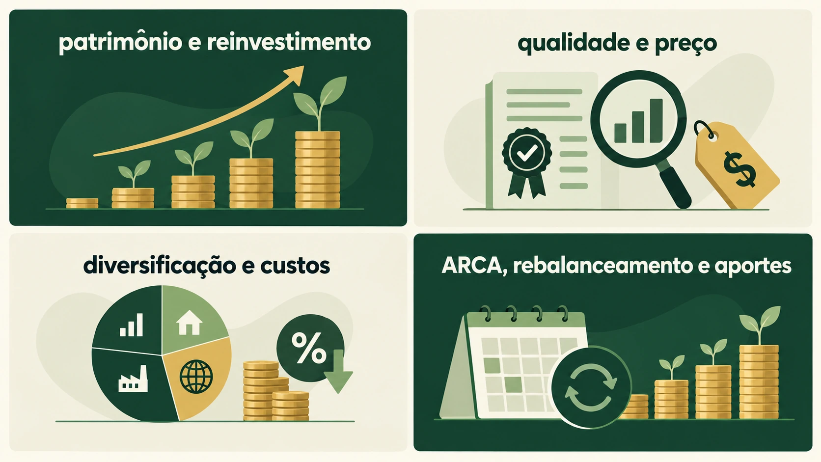 Quatro quadrantes apresentam aprendizados práticos associados a Barsi, Buffett, Bogle e Thiago Nigro, sem indicar uma filosofia superior.
