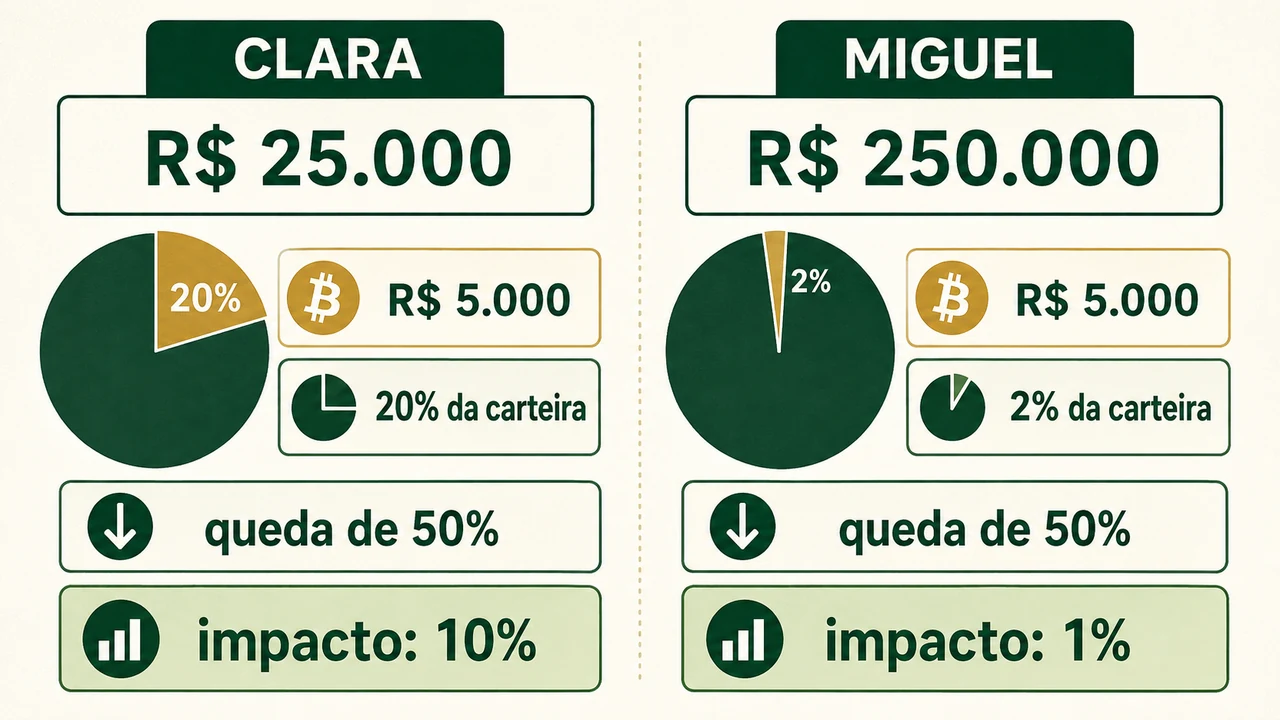Comparação de R$ 5.000 em Bitcoin ocupando 20% e 2% de duas carteiras, com impactos diferentes após uma queda de 50%.