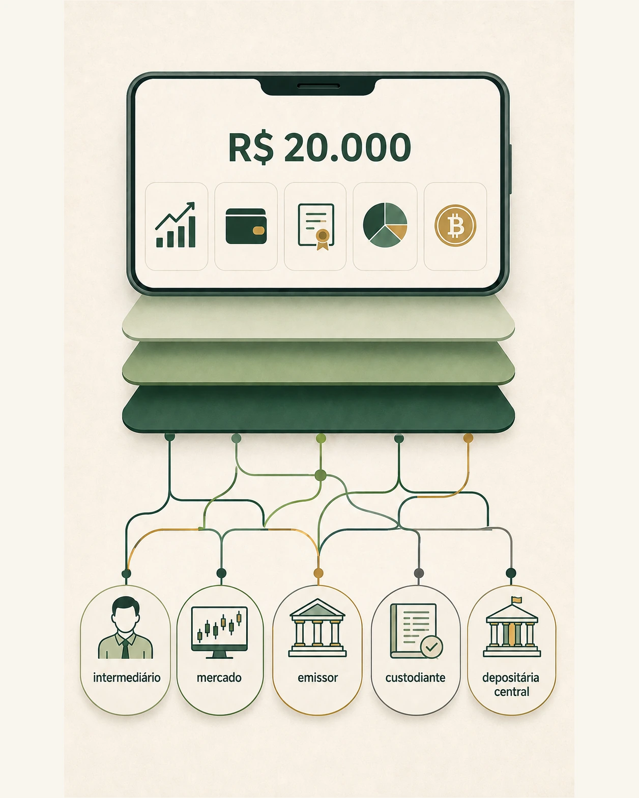 Tela com R$ 20 mil em cinco investimentos revela camadas diferentes de intermediário, emissor, custódia e registro.