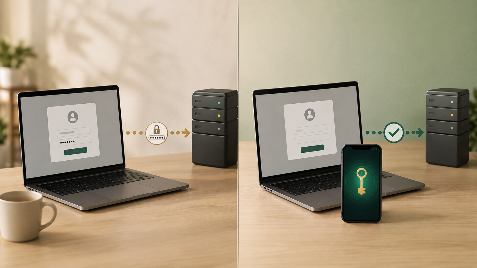 Comparação entre uma senha enviada ao servidor e uma passkey cuja chave privada permanece protegida no celular.