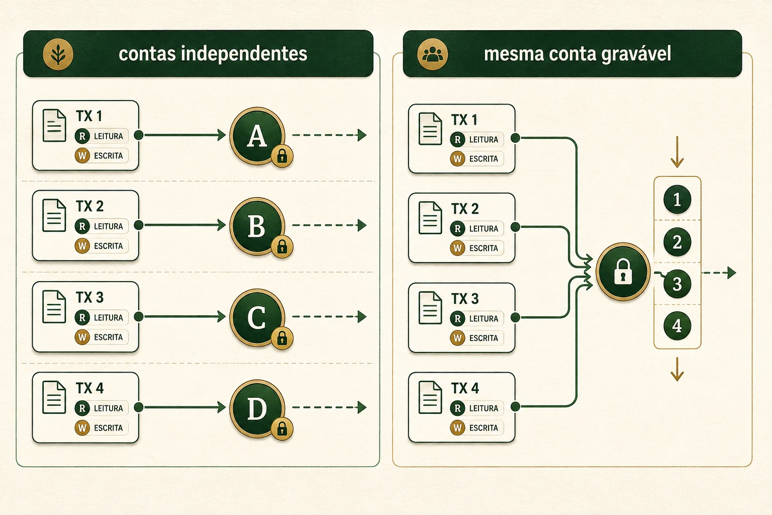 Quatro transações são executadas em paralelo quando usam contas diferentes, mas formam contenção ao disputar a mesma conta.