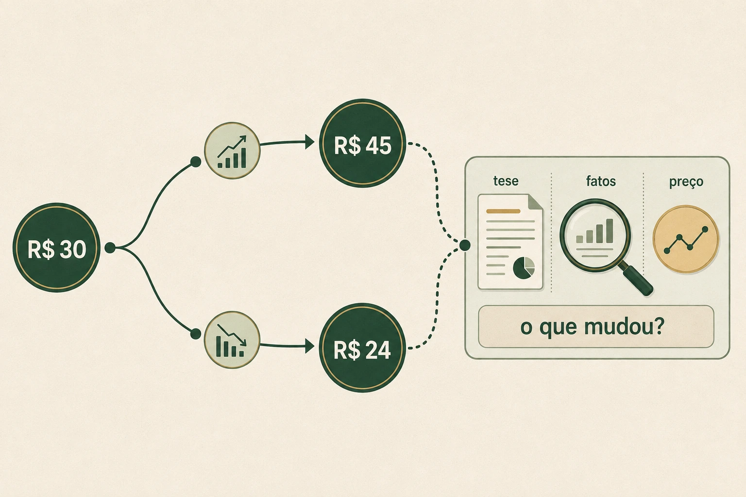 Uma ação parte de R$ 30, sobe a R$ 45 ou cai a R$ 24, e nos dois casos exige revisar fatos e tese.