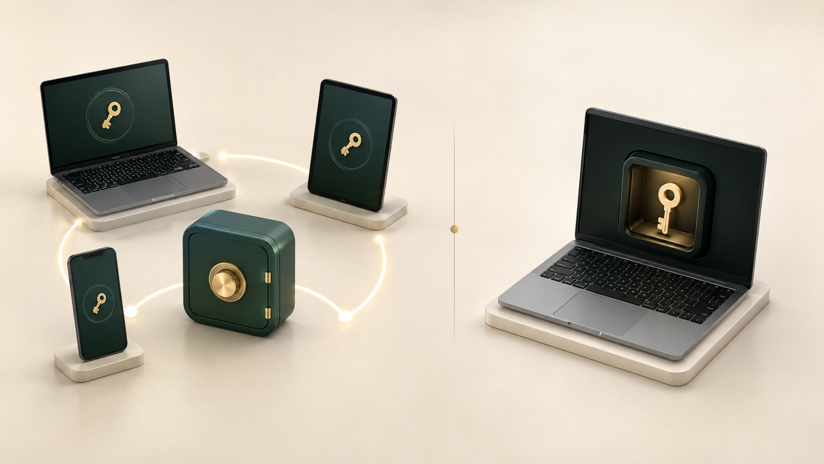 Passkey sincronizada entre celular, tablet e notebook comparada a uma passkey guardada em um único aparelho.