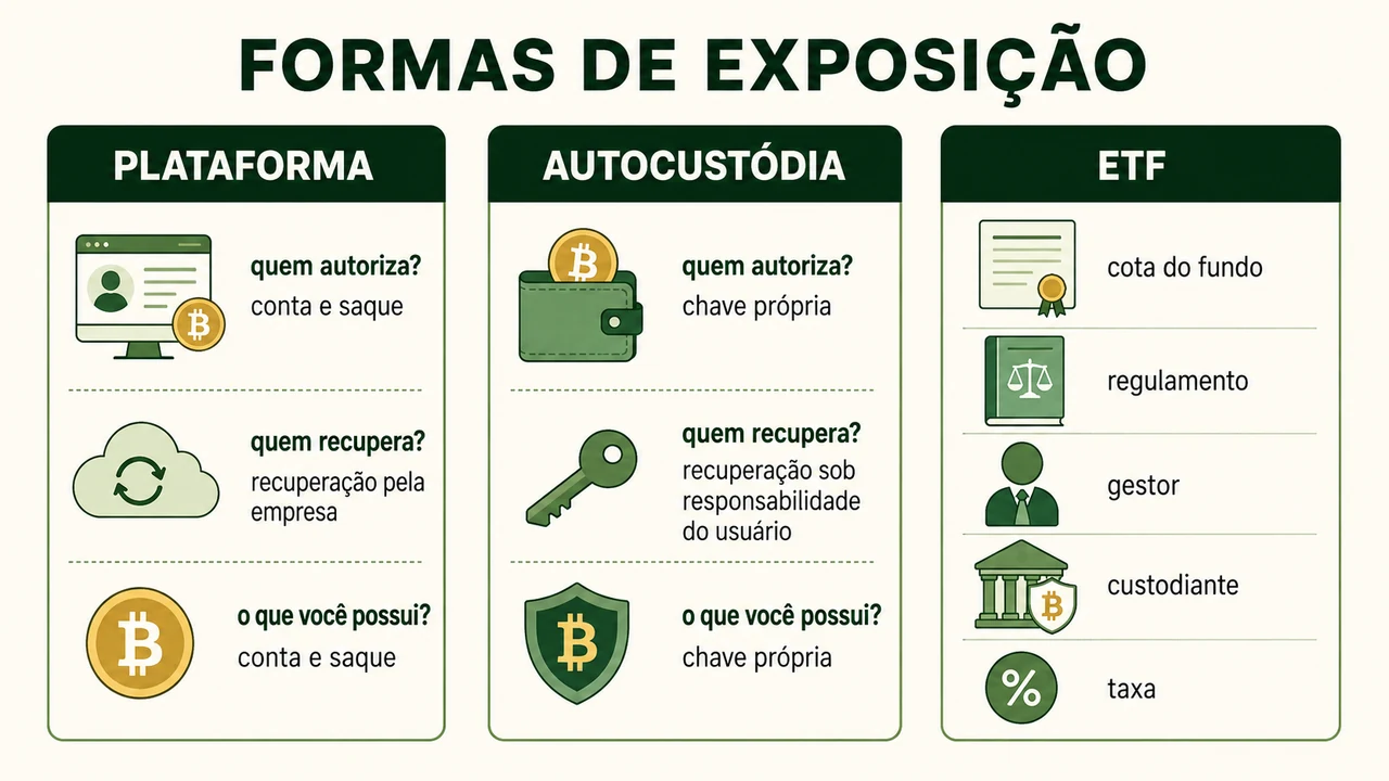 Comparação entre Bitcoin mantido por plataforma, autocustódia e exposição por ETF, destacando posse, acesso e responsabilidades.