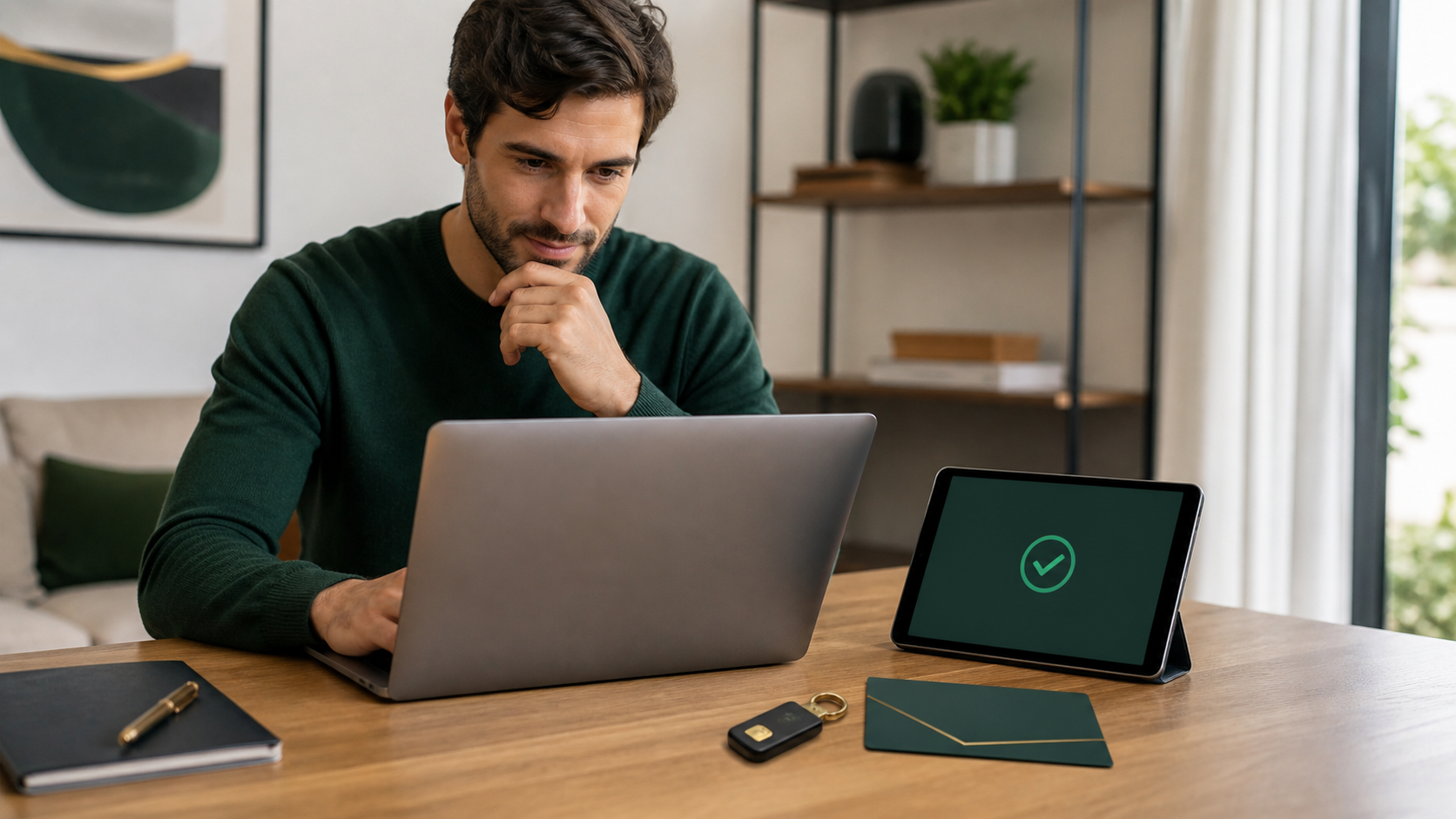 Pessoa recuperando acesso pelo notebook com apoio de outro dispositivo e uma chave de segurança após perder o celular.
